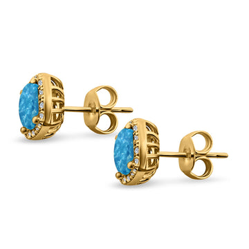 Halo Cushion Engagement Earrings Yellow Tone, Lab Created Blue Opal 925 Sterling Silver